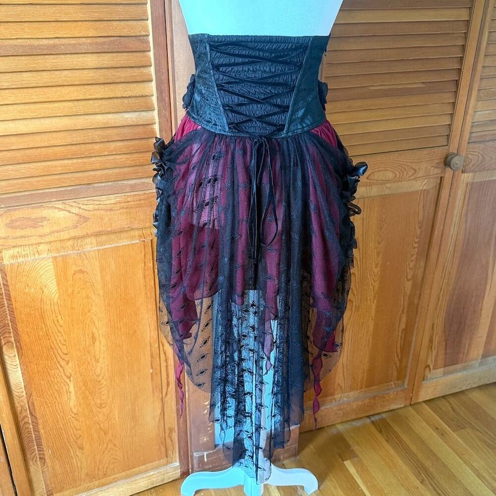 Devil Fashion Gothic Victorian Vampire Red Black Rose Cross Cincher Overskirt - Picture 7 of 13
